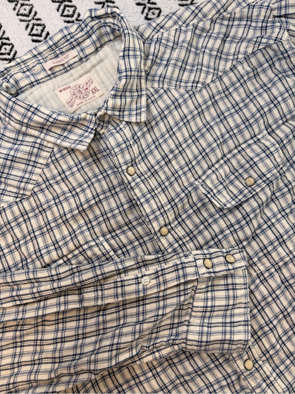 Lucky Brand Western Pearl Snap Shirt Mens XXL Blue Plaid Long Sleeve Cotton 2XL